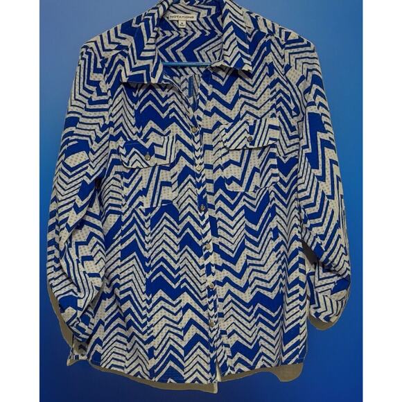 Notations Blue White Shear Blouse Button Front Long Sleeve Pockets Size Medium - Picture 1 of 4
